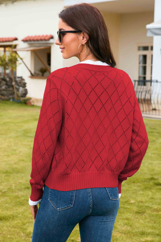 Elegant solid Lace - Trimmed Argyle Cardigan
