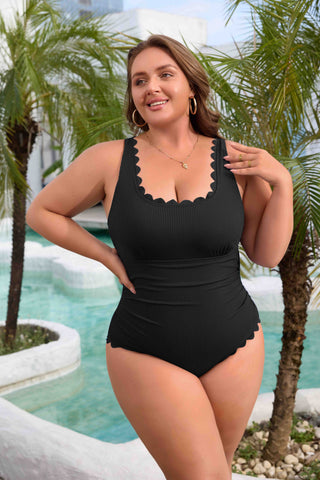 Scalloped Plus Size Swimsuit Women Tummy Control One Piece Bathing Suits Ruched U Neck Swimwear