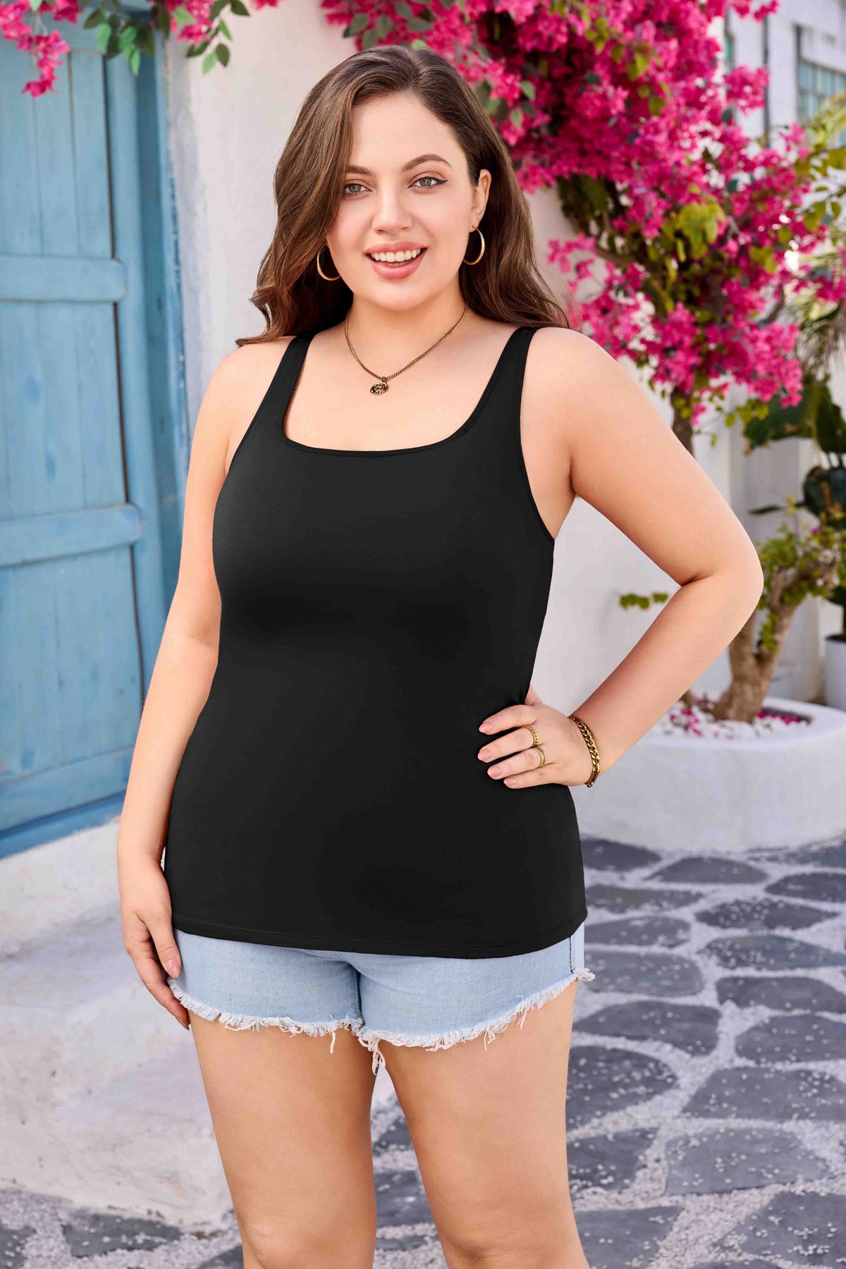 Womens Plus Size Slim Straps Tanks Tops Built-in shelf Bra Solid Basic Cami