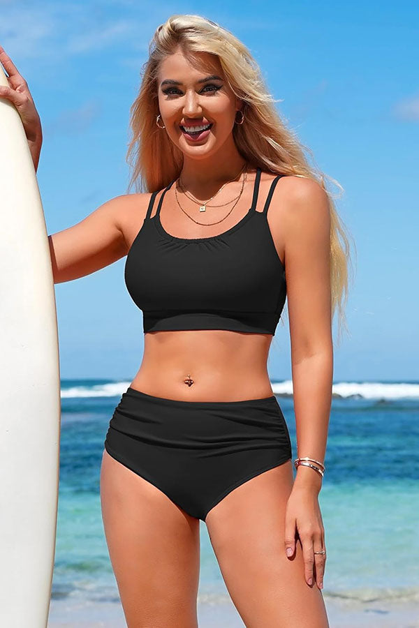 Full Coverage Cross Back Ruched High Waisted Bikini Set
