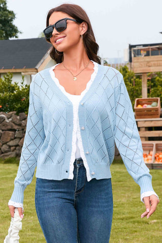 Elegant solid Lace - Trimmed Argyle Cardigan