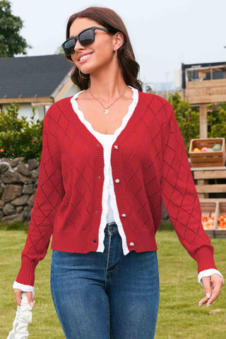 Elegant solid Lace - Trimmed Argyle Cardigan