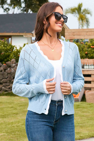 Elegant solid Lace - Trimmed Argyle Cardigan