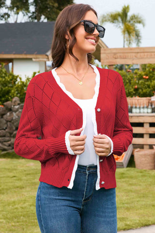 Elegant solid Lace - Trimmed Argyle Cardigan