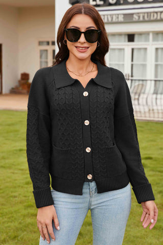 Classic Cable - Knit Cardigan with Collar and Pockets