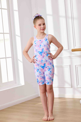 Girls' Gymnastics Leotard Sleeveless Butterfly Print with Shorts