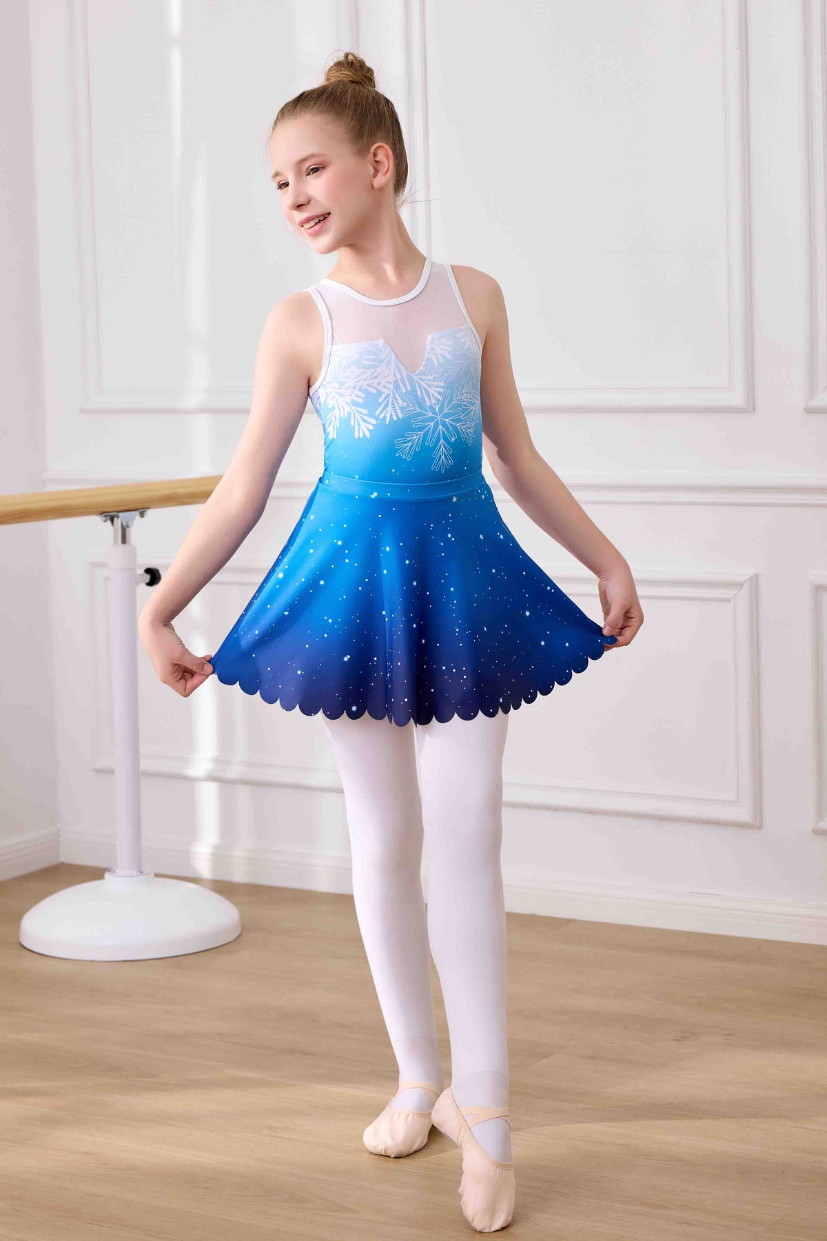 Girls Sparkly Snowflake Gymnastics Ballet Leotard with Tutu Skirt