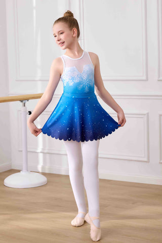 Girls Sparkly Snowflake Gymnastics Ballet Leotard with Tutu Skirt