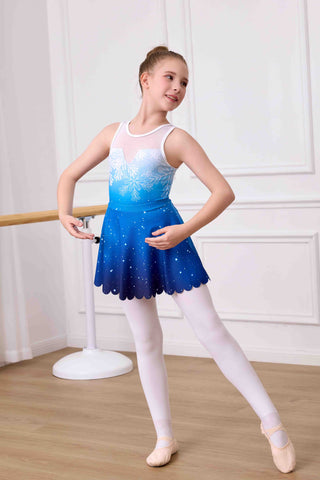 Girls Sparkly Snowflake Gymnastics Ballet Leotard with Tutu Skirt