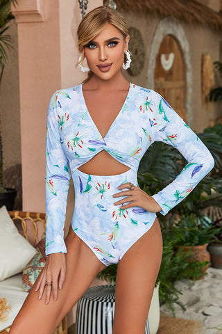 Floral Print Twist Front One Piece Rash Guard
