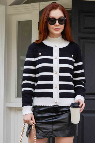 Knit Striped Button Long Sleeve Cardigan Sweaters
