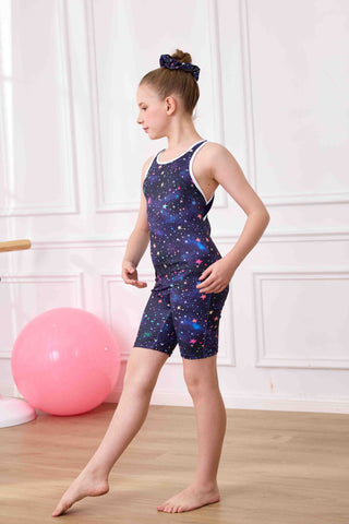 Girls' Gymnastics Leotard Sleeveless Starry Sky Print with Shorts