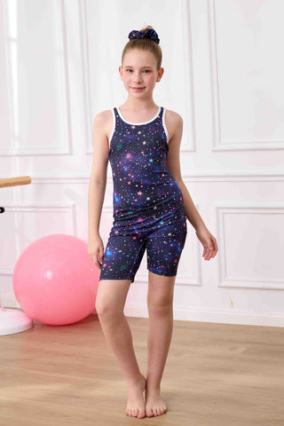 Girls' Gymnastics Leotard Sleeveless Starry Sky Print with Shorts