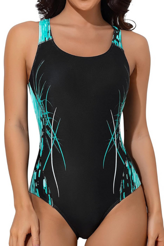 Women's Blue Printing Athletic Competitive One Piece Swimsuit