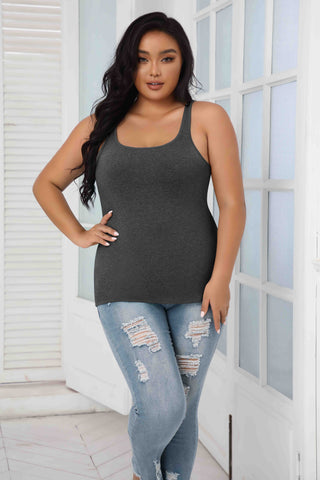 Large Size Slim Straps Tanks Tops Built-in shelf Bra Basic Camisoles Brown