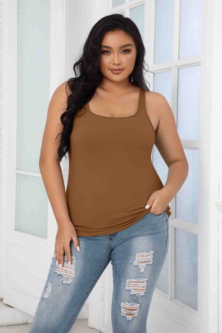 Plus Size Slim Straps Tanks Tops Built-in shelf Bra Basic Camisoles Brown