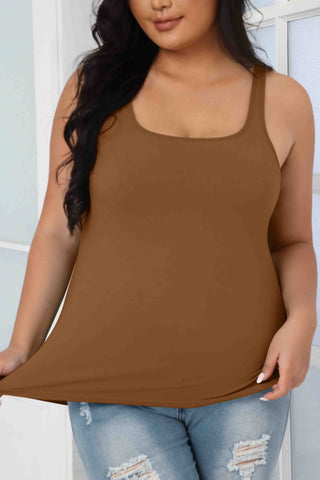 Plus Size Slim Straps Tanks Tops Built-in shelf Bra Basic Camisoles Brown
