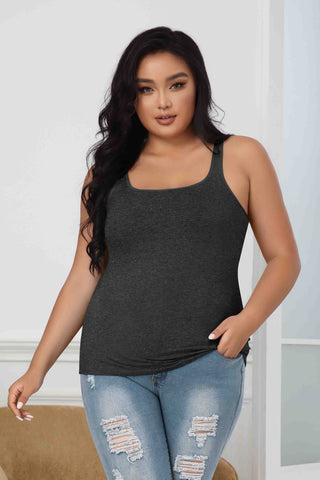 Large Size Slim Straps Tanks Tops Built-in shelf Bra Basic Camisoles Brown