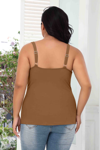 Plus Size Slim Straps Tanks Tops Built-in shelf Bra Basic Camisoles Brown
