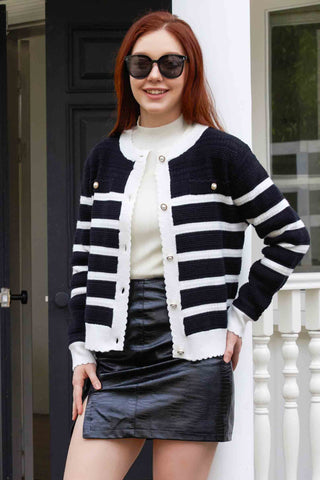 Knit Striped Button Long Sleeve Cardigan Sweaters
