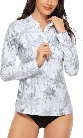 Women's Coconut tree print Rashguard Front Sun Protection Swim Shirt UPF 50+