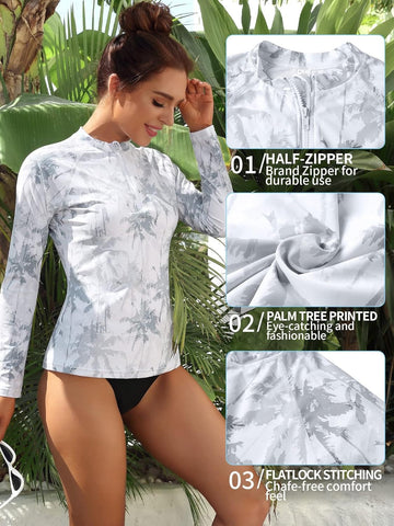 Women's Coconut tree print Rashguard Front Sun Protection Swim Shirt UPF 50+