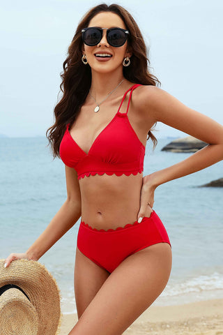 Scallop Trim V Neck Double Shoulder Straps Bikini
