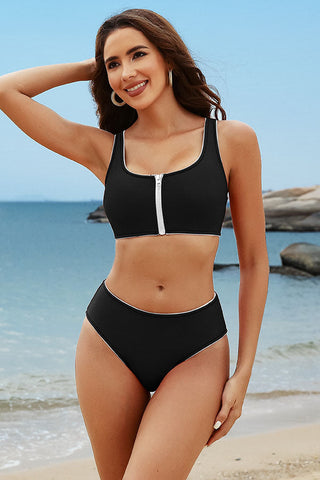 U Neck Zipper Racerback Wide Strap White Bikini Suits