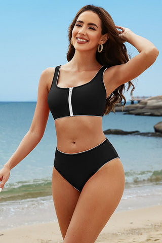 U Neck Zipper Racerback Wide Strap White Bikini Suits