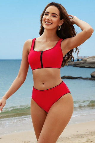 U Neck Zipper Racerback Wide Strap White Bikini Suits