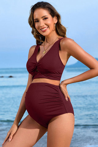 V Neck Wide Straps Ribbed Pregnancy Bikini Suits
