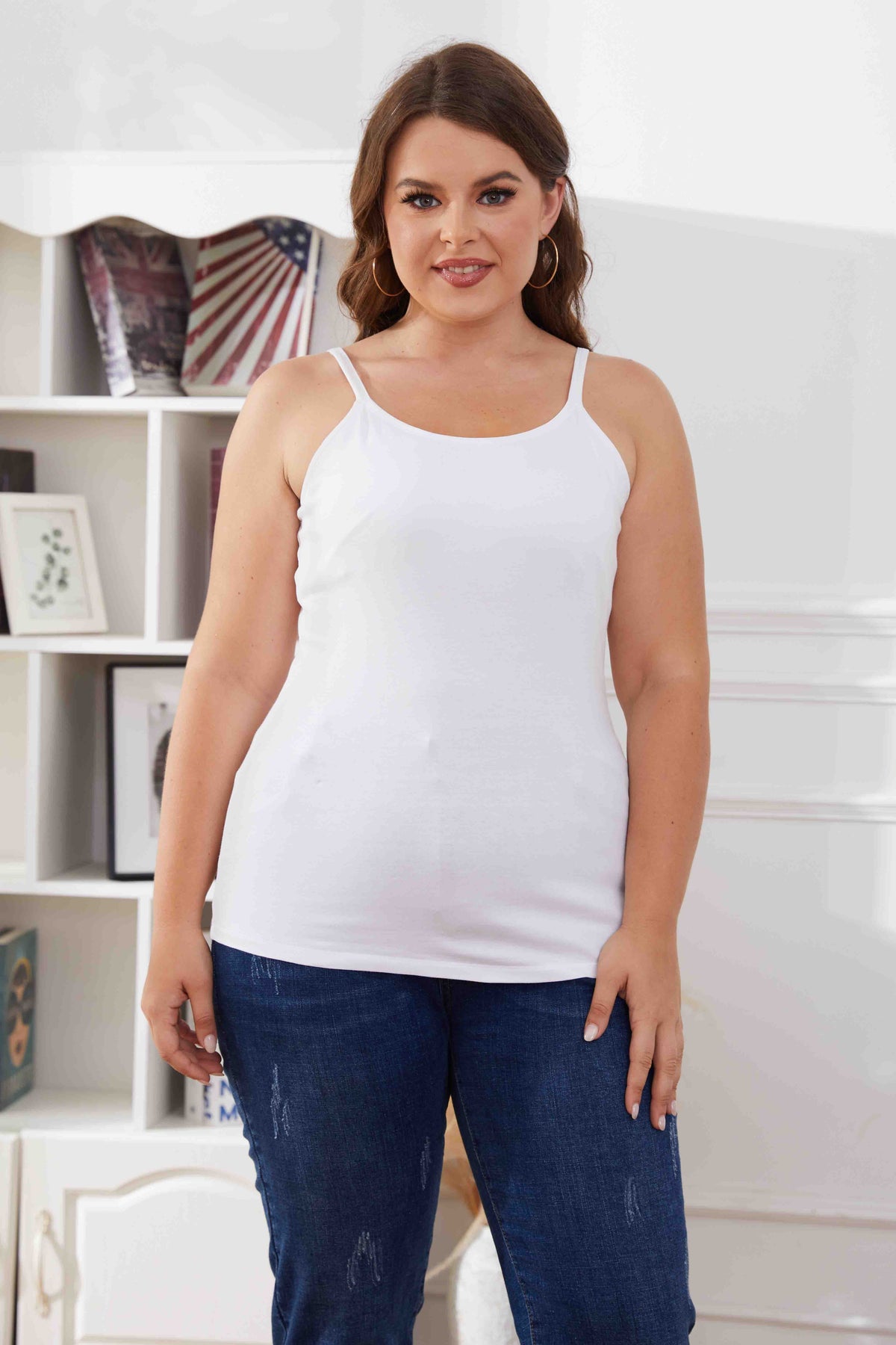Womens Large Size Slim Straps Tanks Tops Built-in shelf Bra Basic Cami