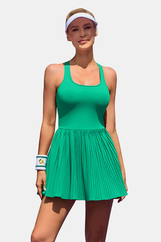 Women Pleated & Mesh Tennis Dress Sleeveless Athletic Golf Dress with Built in Shorts and Bra