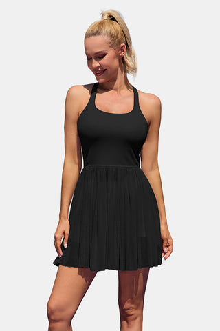 Women Pleated & Mesh Tennis Dress Sleeveless Athletic Golf Dress with Built in Shorts and Bra