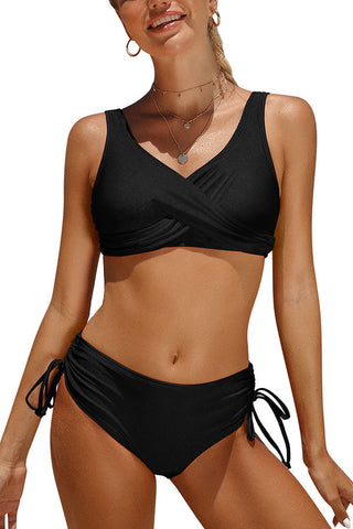 Twist Cross Straps Drawstring Ruched Green Bikini Suits