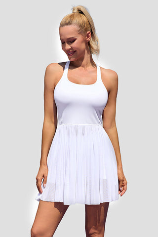 Women Pleated & Mesh Tennis Dress Sleeveless Athletic Golf Dress with Built in Shorts and Bra
