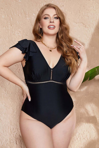 Women Plus Ruffle Trim Ruched Tummy Control One Piece Swimsuit