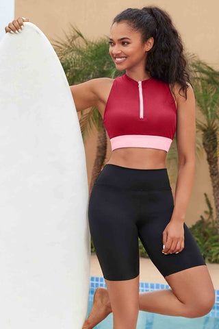 Women Front Zip Up Ribbed Racerback Swimwear Bikini Top