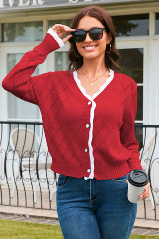 Elegant solid Lace - Trimmed Argyle Cardigan